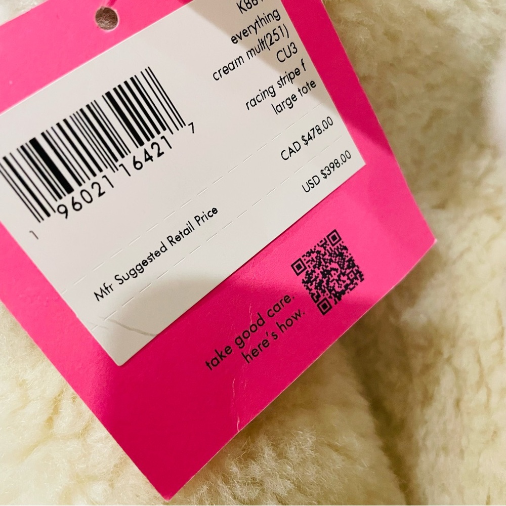 π Kate Spade Everything Racing Stripe Faux Shearling Large Tote Cream Multi Bag - Picture 4 of 11